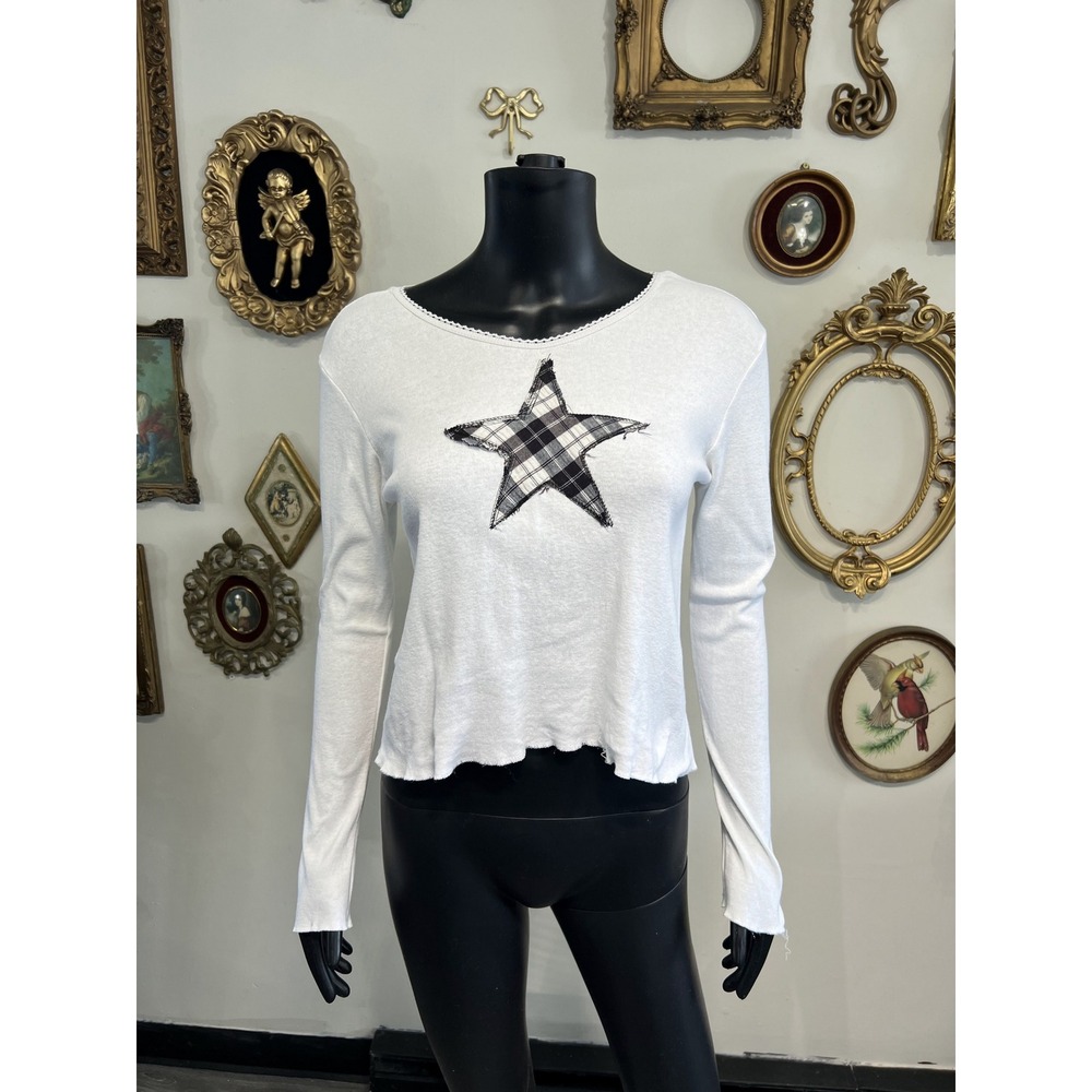 Cheryl Creations Vintage White Plaid Star Long-Sleeve Top Size M